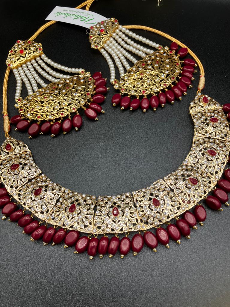 KUNDAN RED PEARLS & STONES GOLD-BASED EARRINGS WITH KUNDAN WORK CHOKER HYDERABADI STYLE JEWELRY SET - NATASHAHS