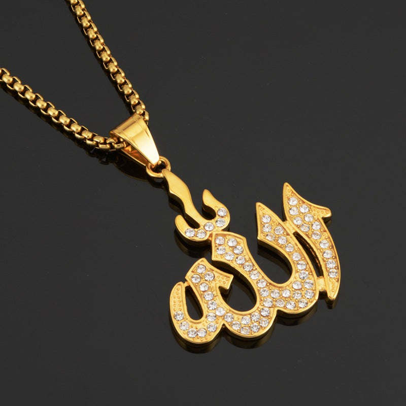 Collier Femme Pendentif Forme Rune Arabe Islamique Musulman Pendentif Incrusté de Cristal Rune Religieuse Amulette Accessoire Bijoux