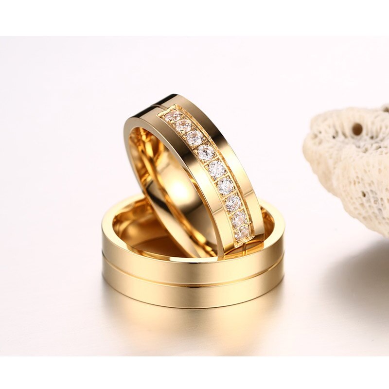 Wedding Bands Rings for Women / Men Love Gift Gold-color Stainless Steel CZ Promise Couple Jewelry - NATASHAHS