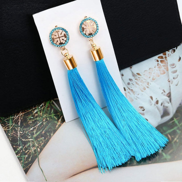 Fashion Bohemian Tassel Crystal Long Earrings Black Red Silk Fabric Drop Dangle Tassel Earrings For Women - NATASHAHS