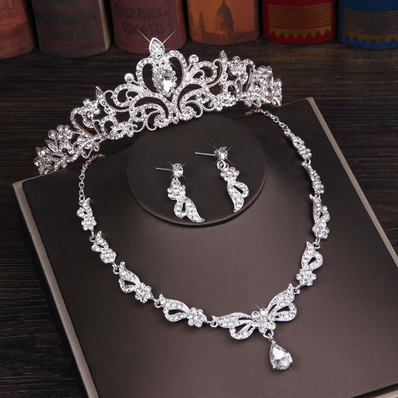 3PCS Rhinestone Crystal Butterfly Bridal Jewelry Sets Necklace Earring Tiara Set Wedding Hair Ornaments African Bead Jewelry Set - NATASHAHS