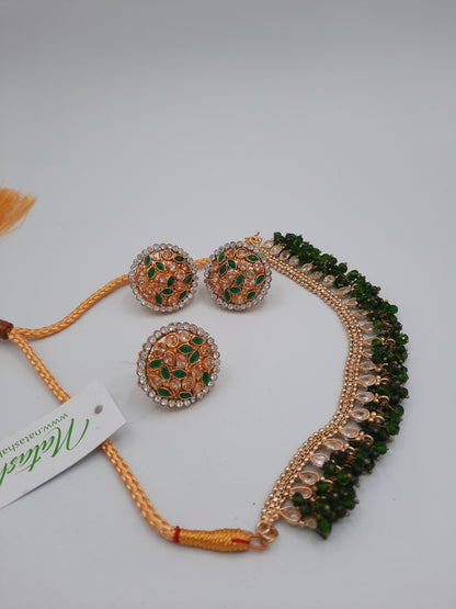 GREEN BOLD STYLE FULL MOON EARRINGS WITH NECKLACE AND RING - NATASHAHS