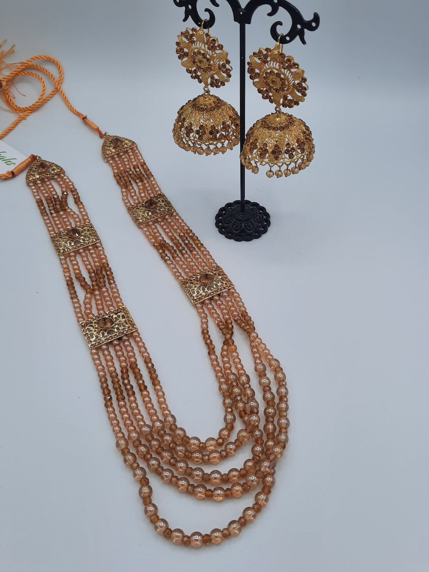 Champagne color long necklace or maala with 24k gold plated jhumka - NATASHAHS