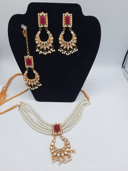 Guluband choker in pink and white colors with earrings and teeka - NATASHAHS