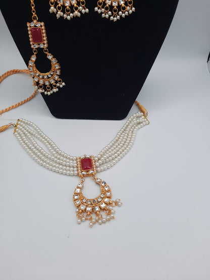 Guluband choker in pink and white colors with earrings and teeka - NATASHAHS
