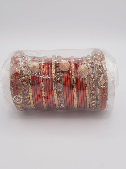 Bangles size 2.45 dia in shade of shiny red glass bangles adorned with red embellished kadas with embellishments - NATASHAHS