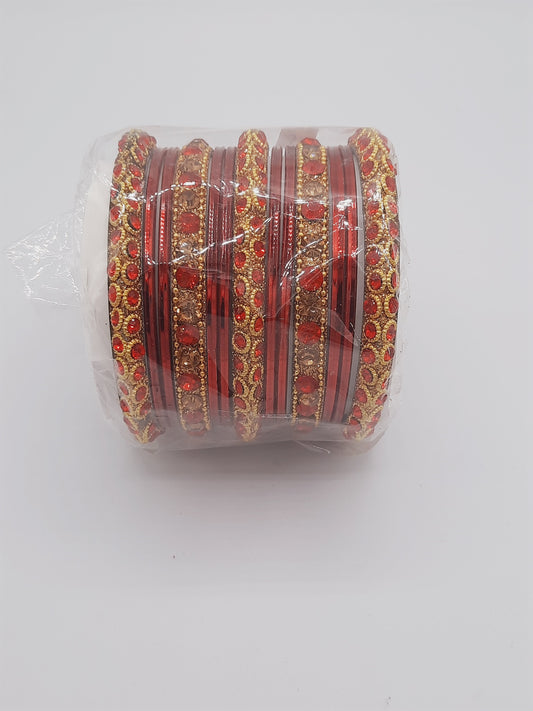 Bangles size 2.60 diameter in shade of shiny red glass bangles adorned with red embellished kadas with embellishments - NATASHAHS
