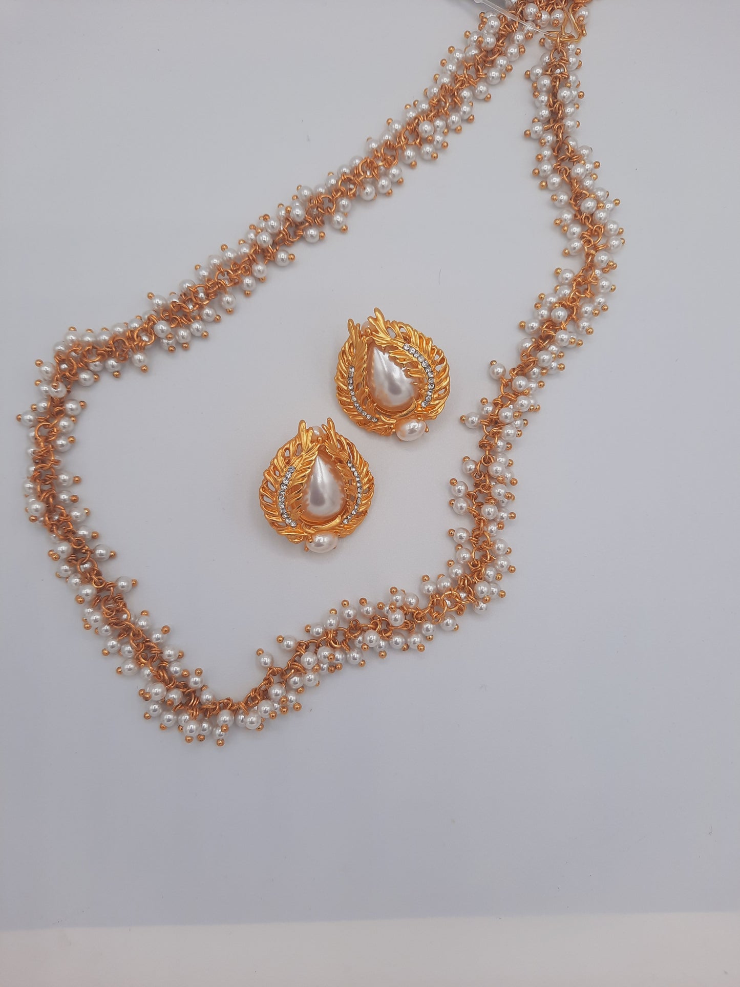 Gold-plated imitation white pearls gajra maala with dubai gold plated earrings - NATASHAHS