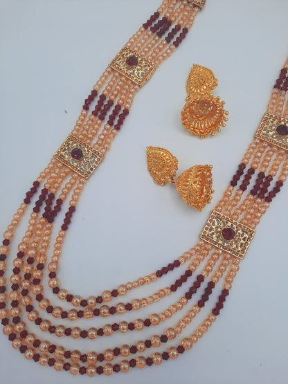 Hyderabadi style maroon and Red maala with imitation gold jhumkas - NATASHAHS