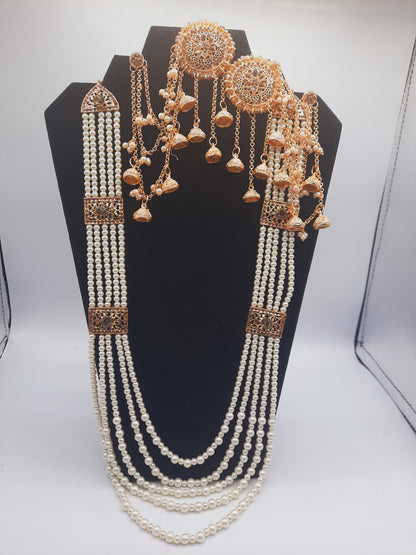 White long maala necklace with white pearls and Kundan Bali with chain and Devdas jhumkas - NATASHAHS