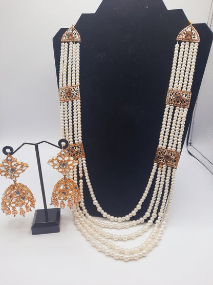 Nauratan style pure white maala with gold plated kundan jhumkas - NATASHAHS