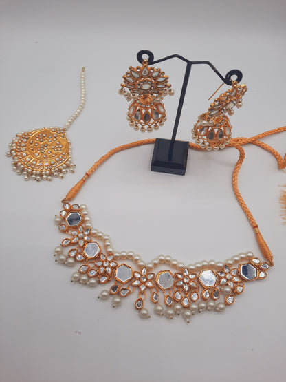 Bridal style kundan long mala kundan choker kundan jhumka and kundan teeka - NATASHAHS
