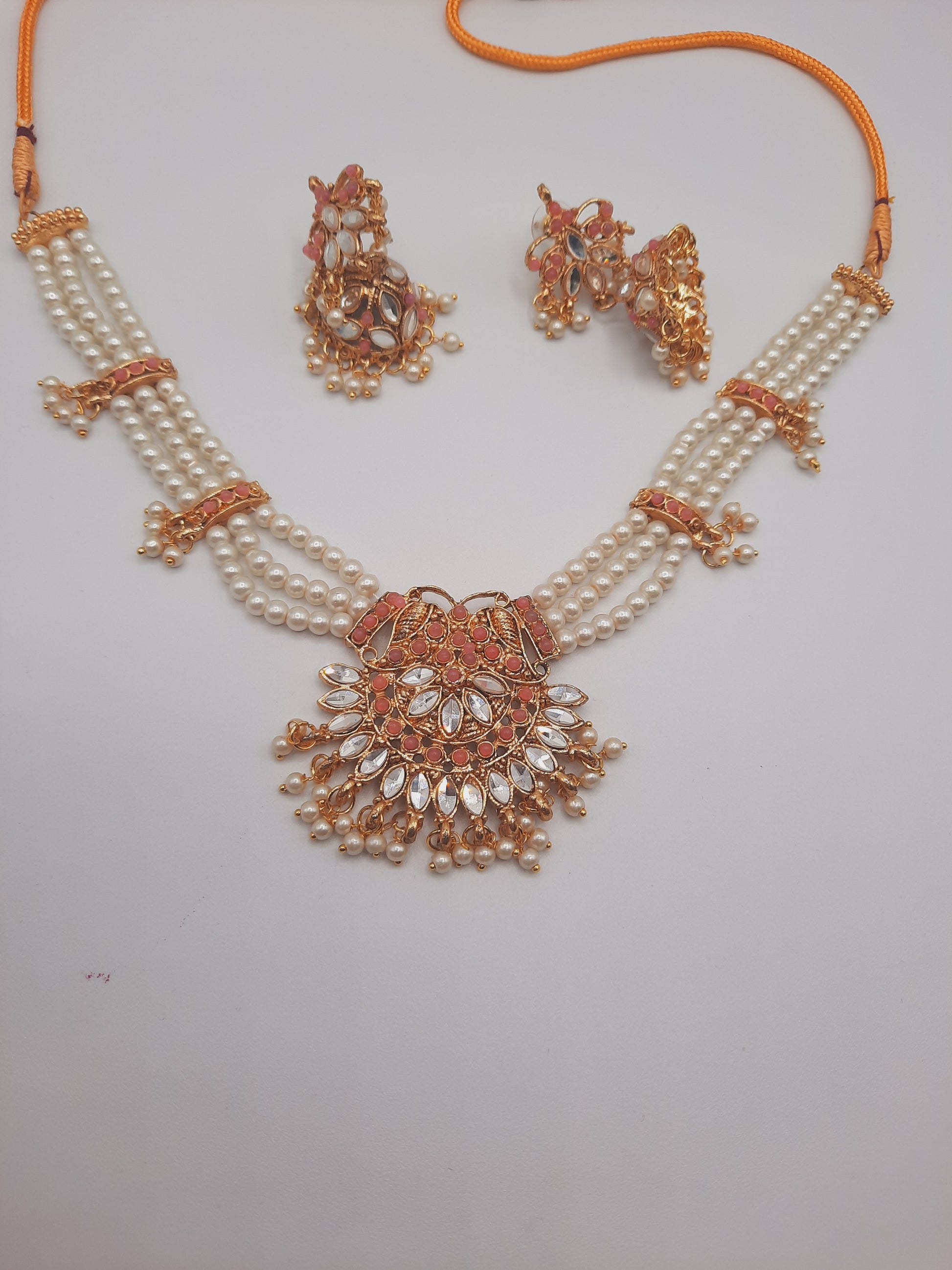 Beautiful custom bridal style necklace set with earrings in white and pink colors - NATASHAHS