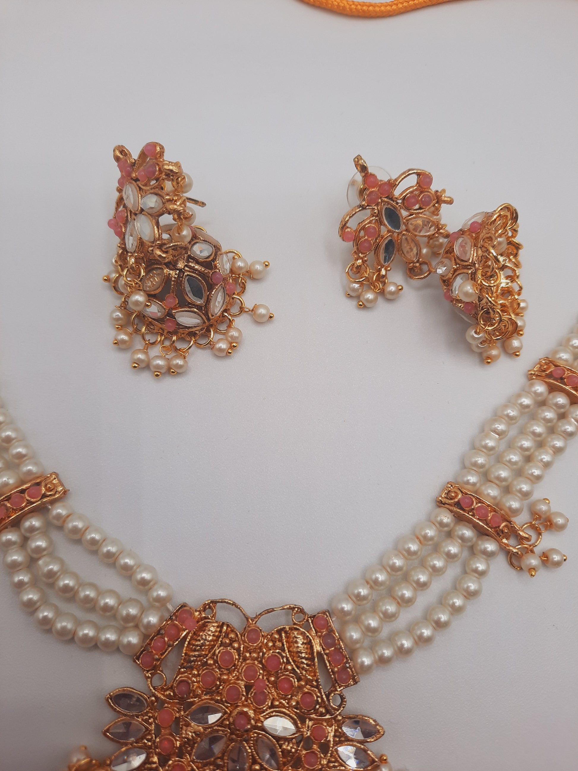 Beautiful custom bridal style necklace set with earrings in white and pink colors - NATASHAHS