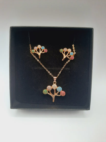 Gold plated multi colored tree of colors pendant  and earrings set - NATASHAHS