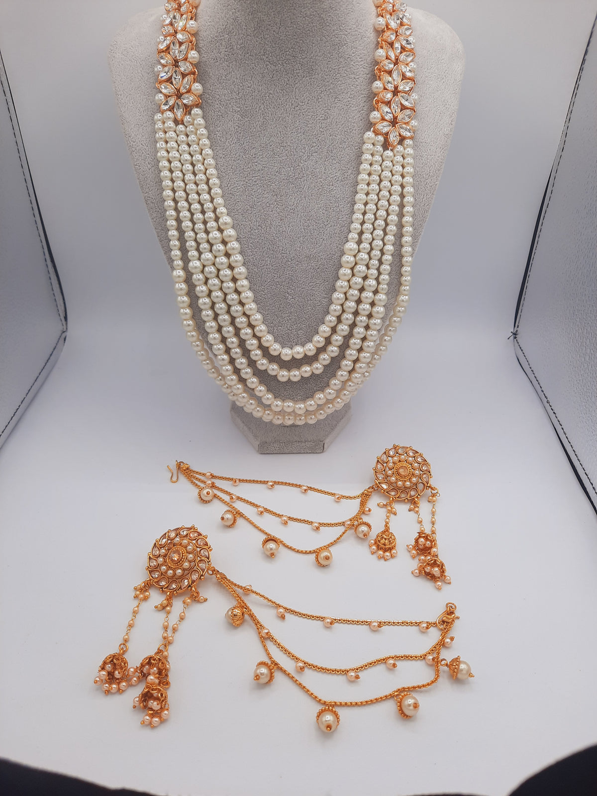 White long maala necklace with white pearls and Kundan Bali with chain and Devdas jhumkas