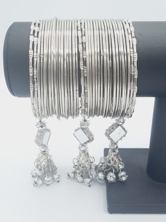 Elegant Silver-Tone Bangles with Glamorous Dangling Charms