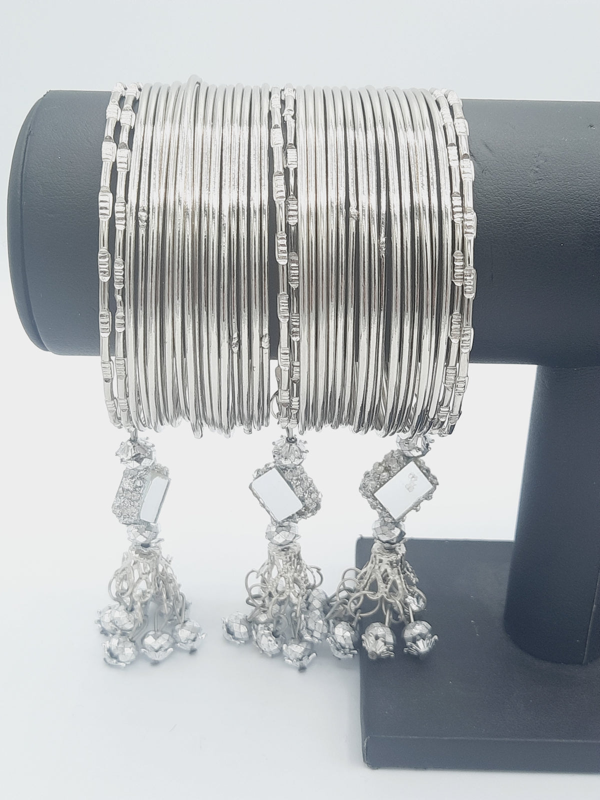Elegant Silver-Tone Bangles with Glamorous Dangling Charms