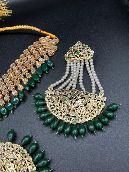 KUNDAN RED PEARLS & STONES GOLD-BASED EARRINGS WITH KUNDAN WORK CHOKER HYDERABADI STYLE JEWELRY SET - NATASHAHS