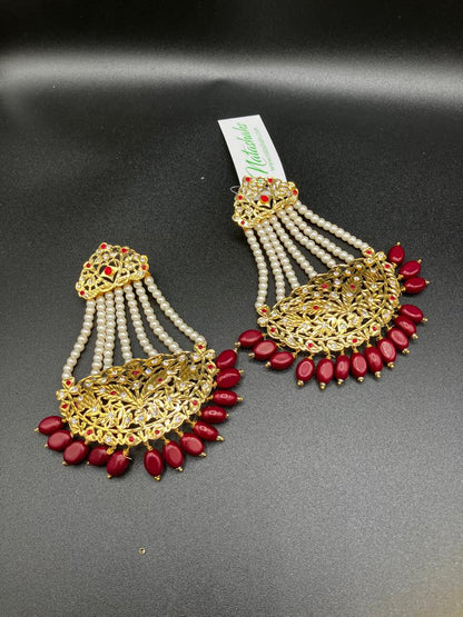 KUNDAN RED PEARLS & STONES GOLD-BASED EARRINGS WITH KUNDAN WORK CHOKER HYDERABADI STYLE JEWELRY SET - NATASHAHS