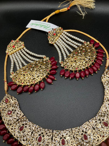 KUNDAN RED PEARLS & STONES GOLD-BASED EARRINGS WITH KUNDAN WORK CHOKER HYDERABADI STYLE JEWELRY SET - NATASHAHS