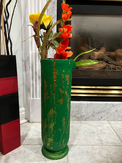 Painted pitcher style glass vase in Green color with sequin and golden print touch - NATASHAHS
