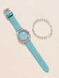 2pcs Luxury Fashion Women Watch Set Colourful PU Leather Strap Ladies Quartz Wristwatch Alloy Bracelet For Ladies Gift