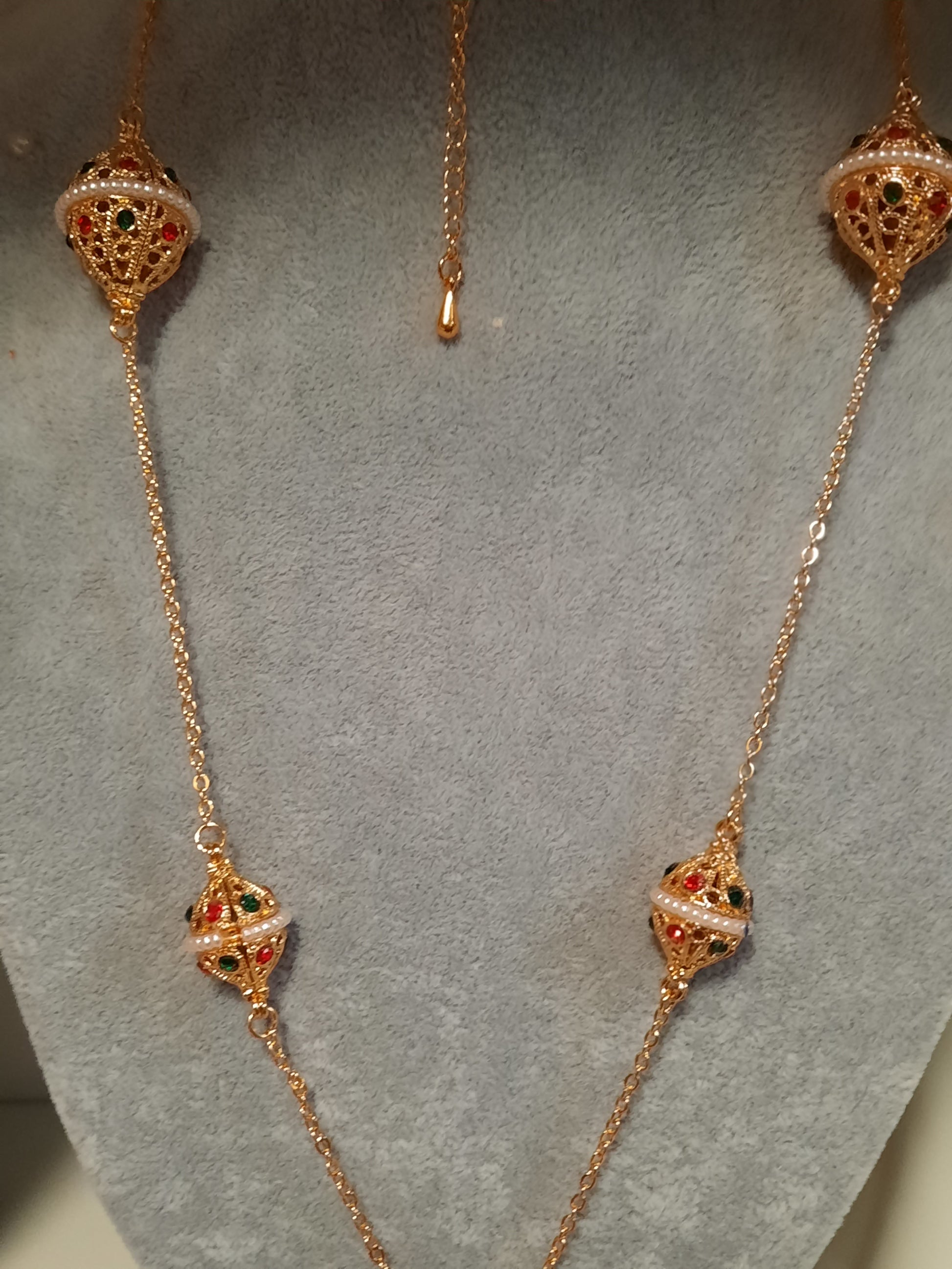 Egyprian gold plated small drum beads necklace with studded colorful stones - NATASHAHS