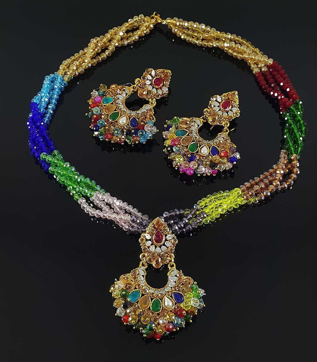 Trapezoid multi-color Crystals & pearls Earrings & Pendant Set - NATASHAHS