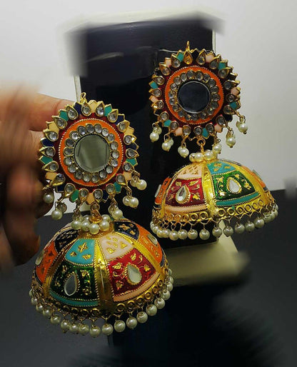 Full moon round colorful meena Jhumkay with handwork and pearls - NATASHAHS