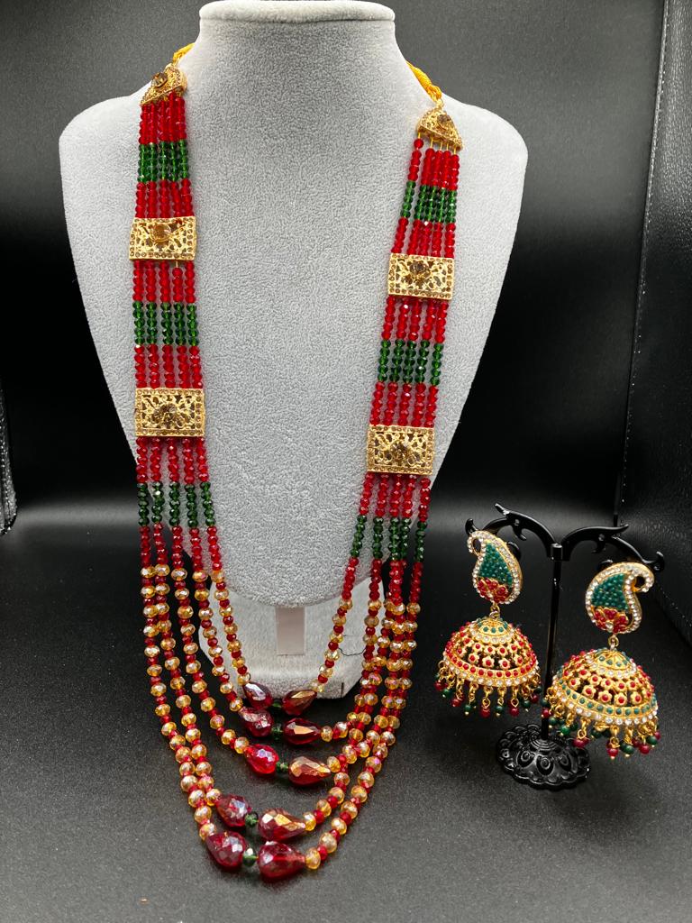Hyderabadi style Red & Green jewelry set with jhumka and maala long necklace - NATASHAHS