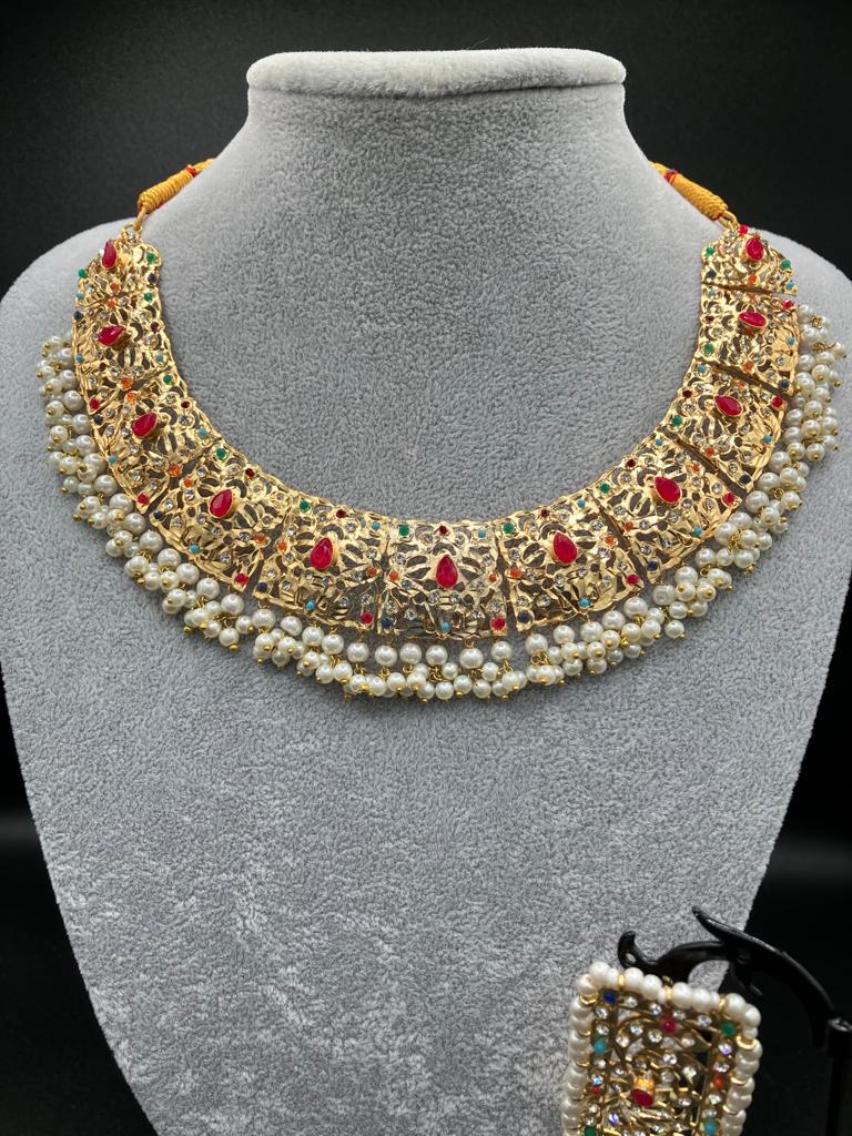 Golden base Hyderabadi earrings with modern choker - NATASHAHS