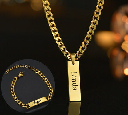 Personalized Engrave Name Square Pendant Necklace Bracelet Stainless Steel Custom Date Text ID Bar Choker Jewelry - NATASHAHS
