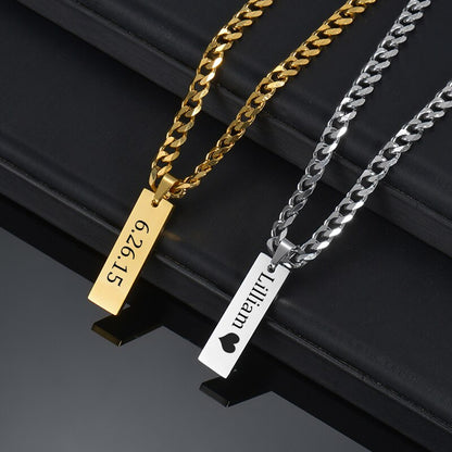 Personalized Engrave Name Square Pendant Necklace Bracelet Stainless Steel Custom Date Text ID Bar Choker Jewelry - NATASHAHS