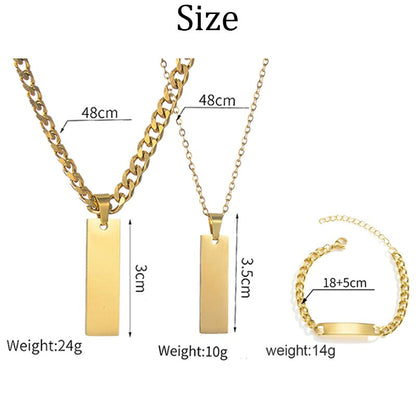 Personalized Engrave Name Square Pendant Necklace Bracelet Stainless Steel Custom Date Text ID Bar Choker Jewelry - NATASHAHS