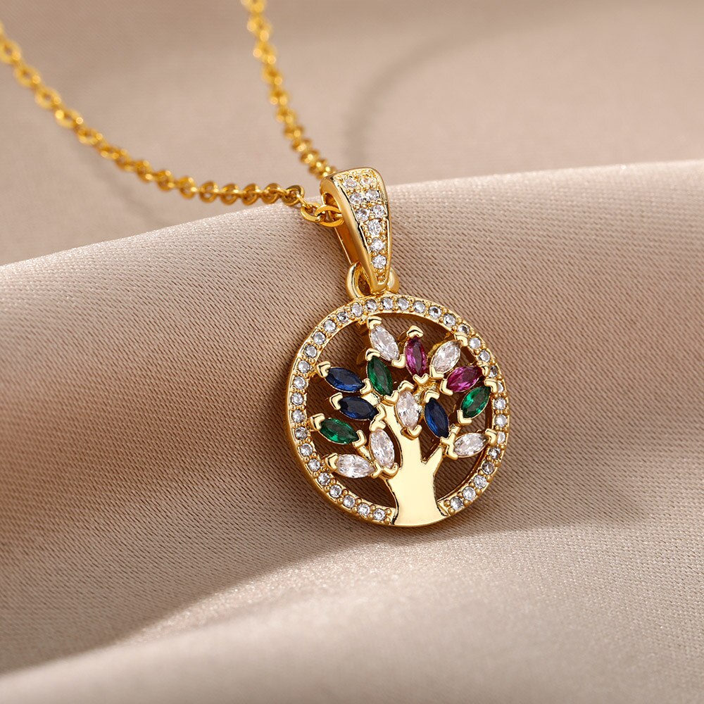Tree of Life Necklace for Women Stainless Steel Long Chain Pendants Necklaces 2023 Trend Choker Aesthetic Jewelry collares mujer