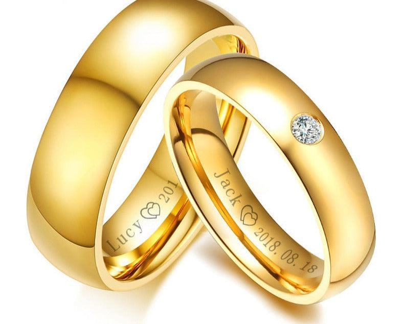 Classic Wedding Rings for Women Men Gold Color Stainless Steel Couple Band Anniversary Personalized Name Lovers Gift - NATASHAHS