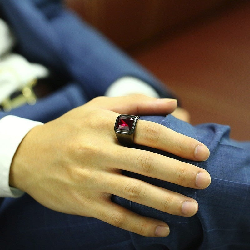 Big Stone Ring for Men Black Gold Tone Stainless Steel - NATASHAHS