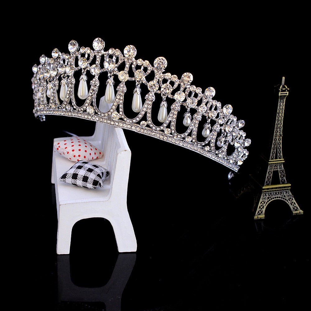 Vintage Silver Plated Queen Princess Diana Crown Crystal Pearl Diadem For Bridal Hair Accessories Bride Headbands Tiara De Noiva - NATASHAHS