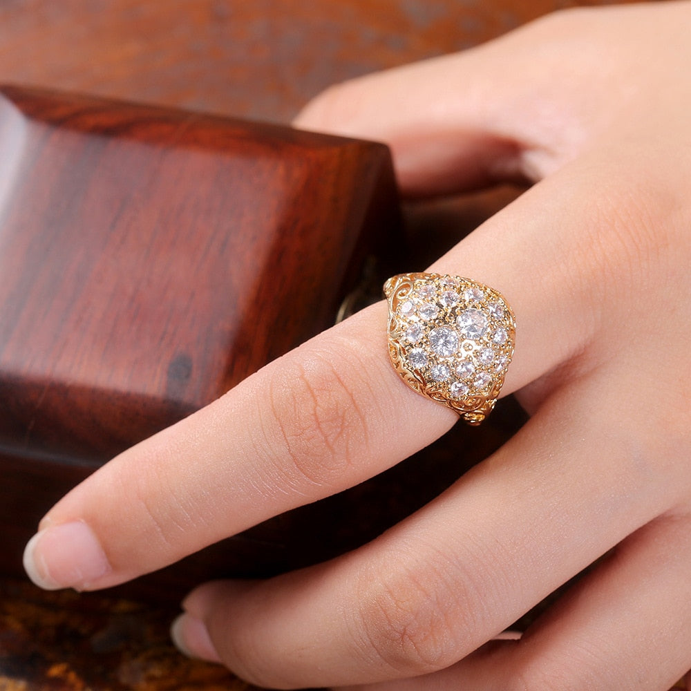 Luxury White Zircon Gold Color Rings Female Round Rhinestone Inlay Ring For Bridal Engagement Jewelry - NATASHAHS