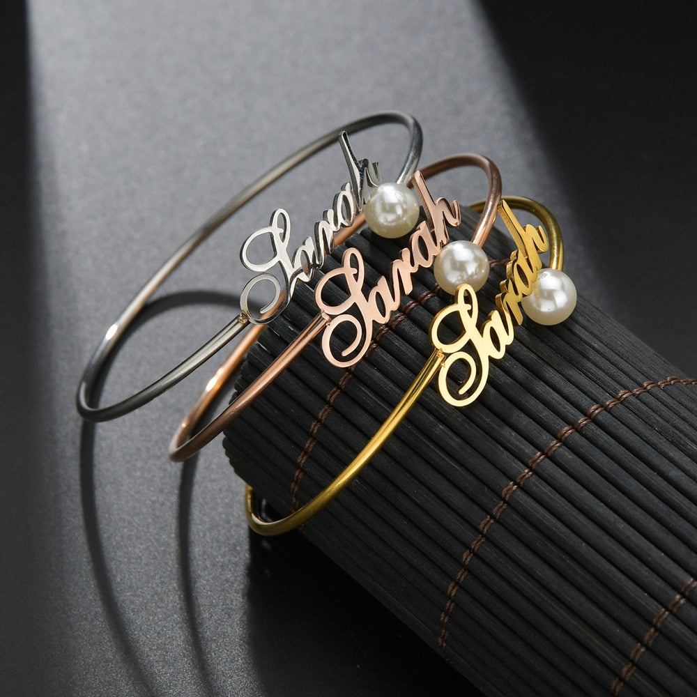 Personalized Name Charm Adjustable Gold Bracelet with Pearl for Lovers - NATASHAHS