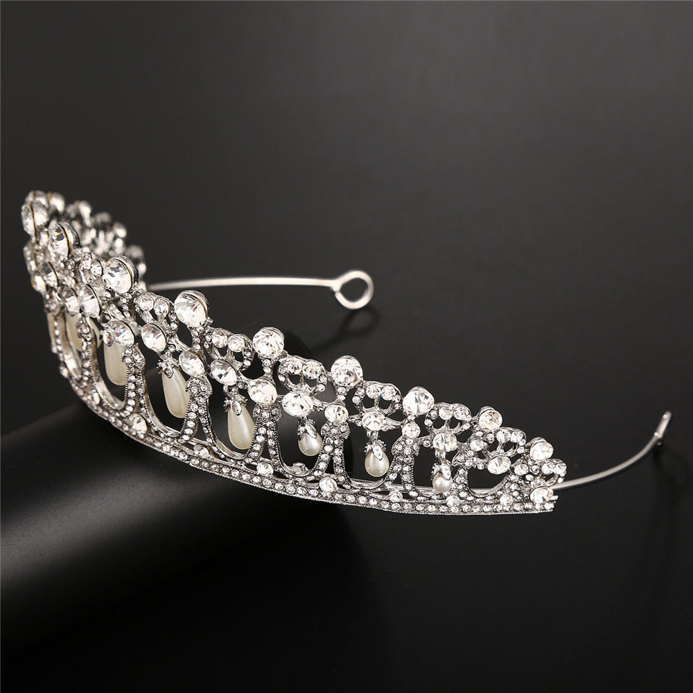 Vintage Silver Plated Queen Princess Diana Crown Crystal Pearl Diadem For Bridal Hair Accessories Bride Headbands Tiara De Noiva - NATASHAHS