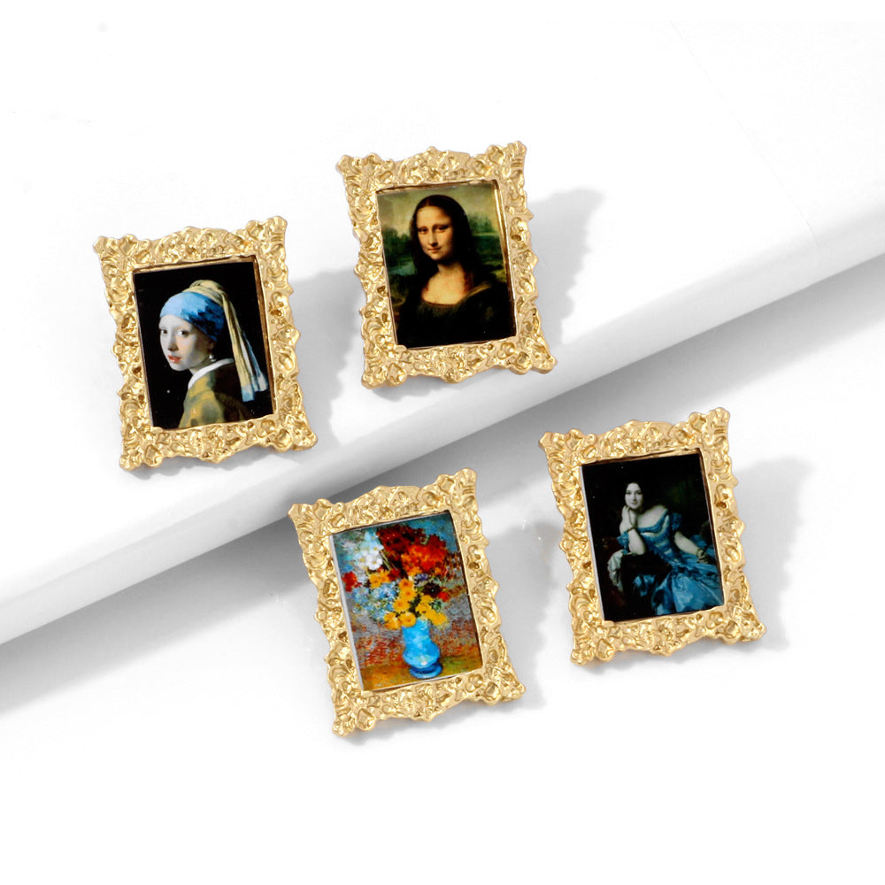 Mona Lisa Head Portrait Landscape Alloy Earrings - NATASHAHS