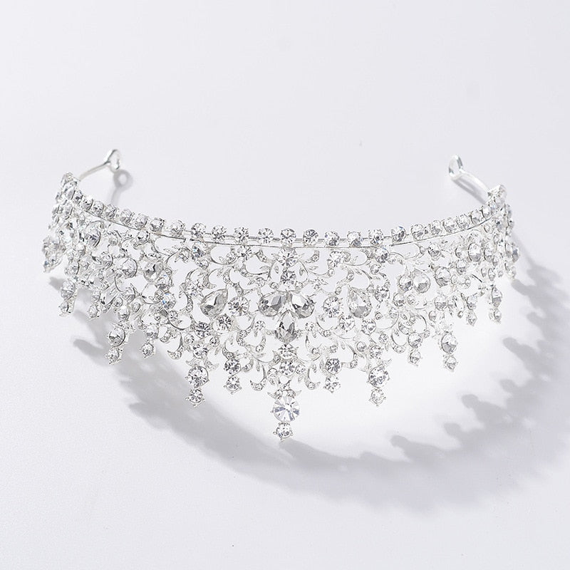 Baroque Silver Color Crystal Flower Bridal Tiaras Crown Rhinestone Pageant Diadem Bride Headband Wedding Hair Accessories Bijoux - NATASHAHS