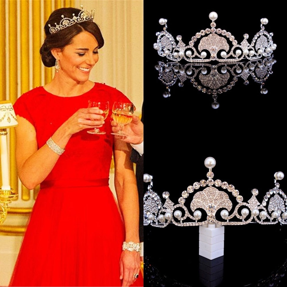 Kate& William Royal Rhinestone Crystal Wedding Hair Crown Tiara Hair Jewelry Crown Wedding Pearl Hair Accessories Bride Hairband - NATASHAHS